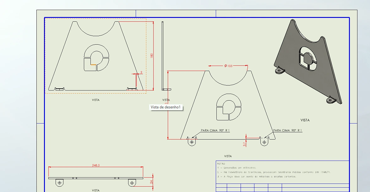 Desenho de fabricação de suporte metálico